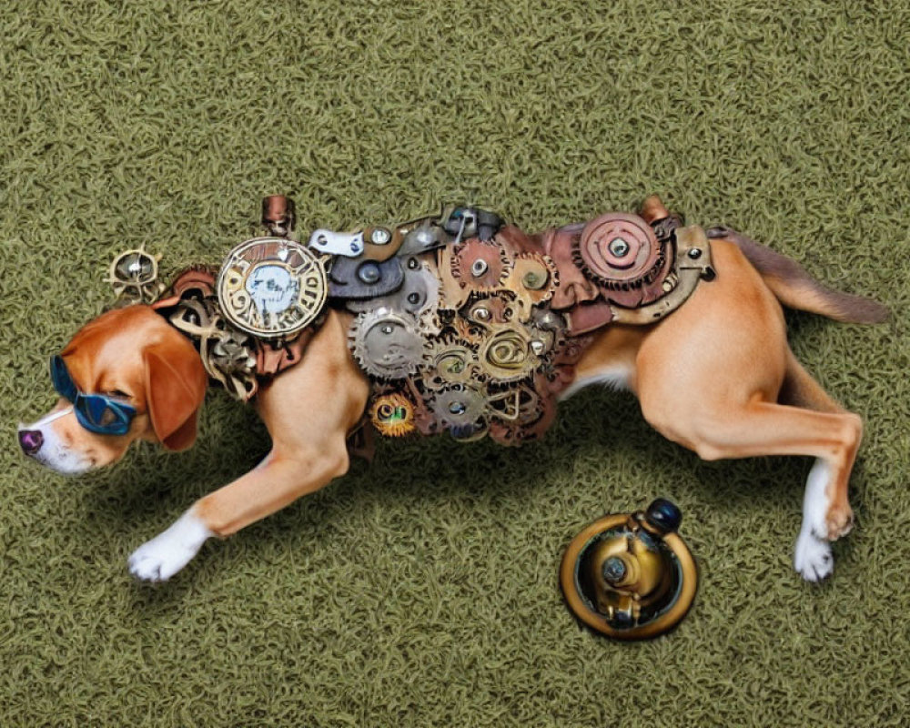 Beagle with steampunk mechanical alterations lying on a carpet