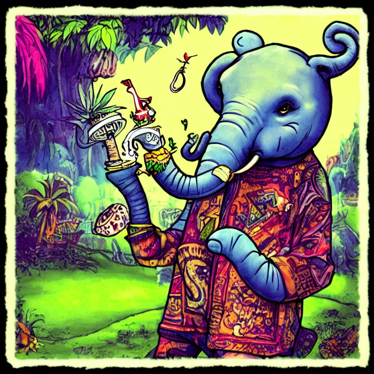 Colorful Jungle Scene: Elephant with Pizza and Drink in Patterned Shirt