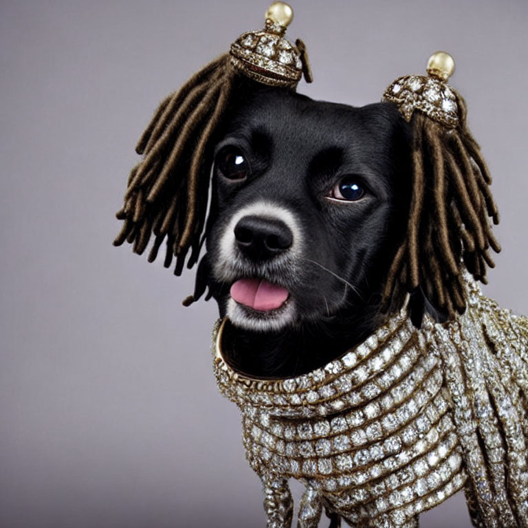 Black Dog with Human-Like Hairstyle and Gold Jewelry