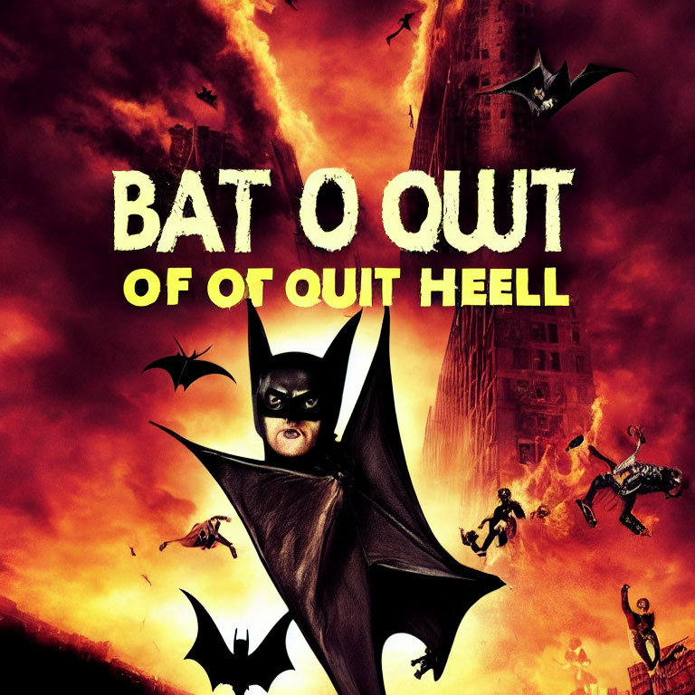 Poster: Batman-like figure, bats, fiery background, "BAT OUT OF HELL" text