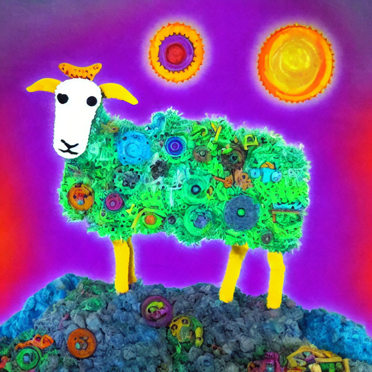 Vibrant Sheep Collage on Purple Background