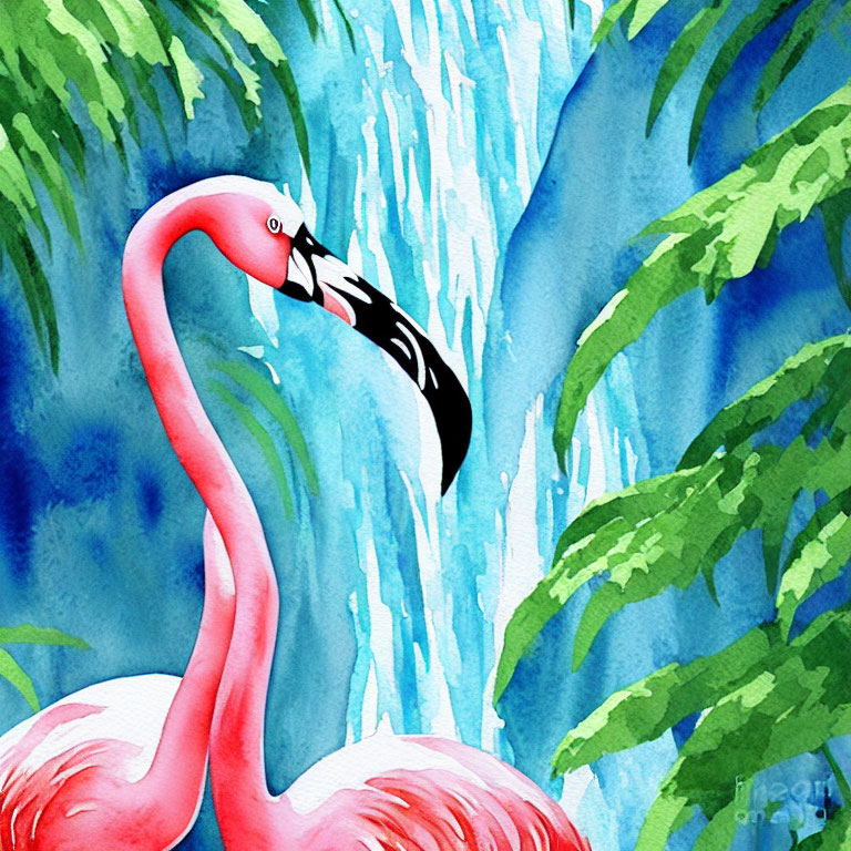 Colorful Watercolor Illustration of Pink Flamingo in Tropical Setting