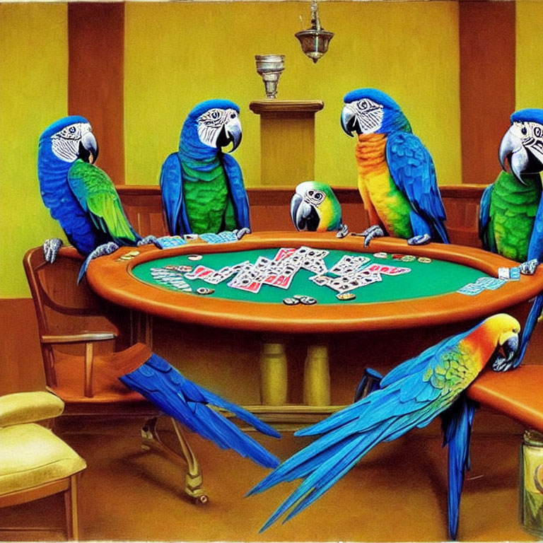 Colorful Parrots Playing Poker at Yellow Room Table
