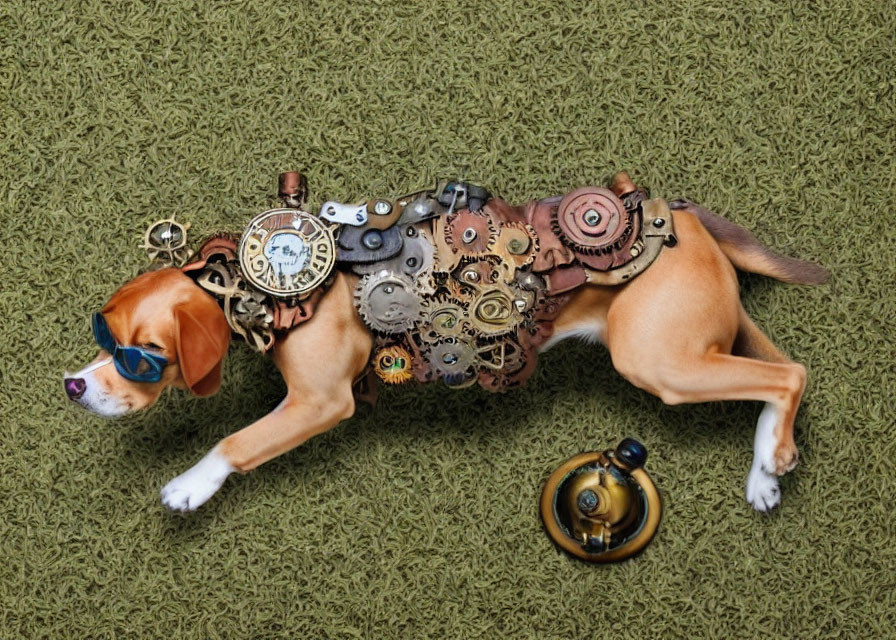 Beagle with steampunk mechanical alterations lying on a carpet