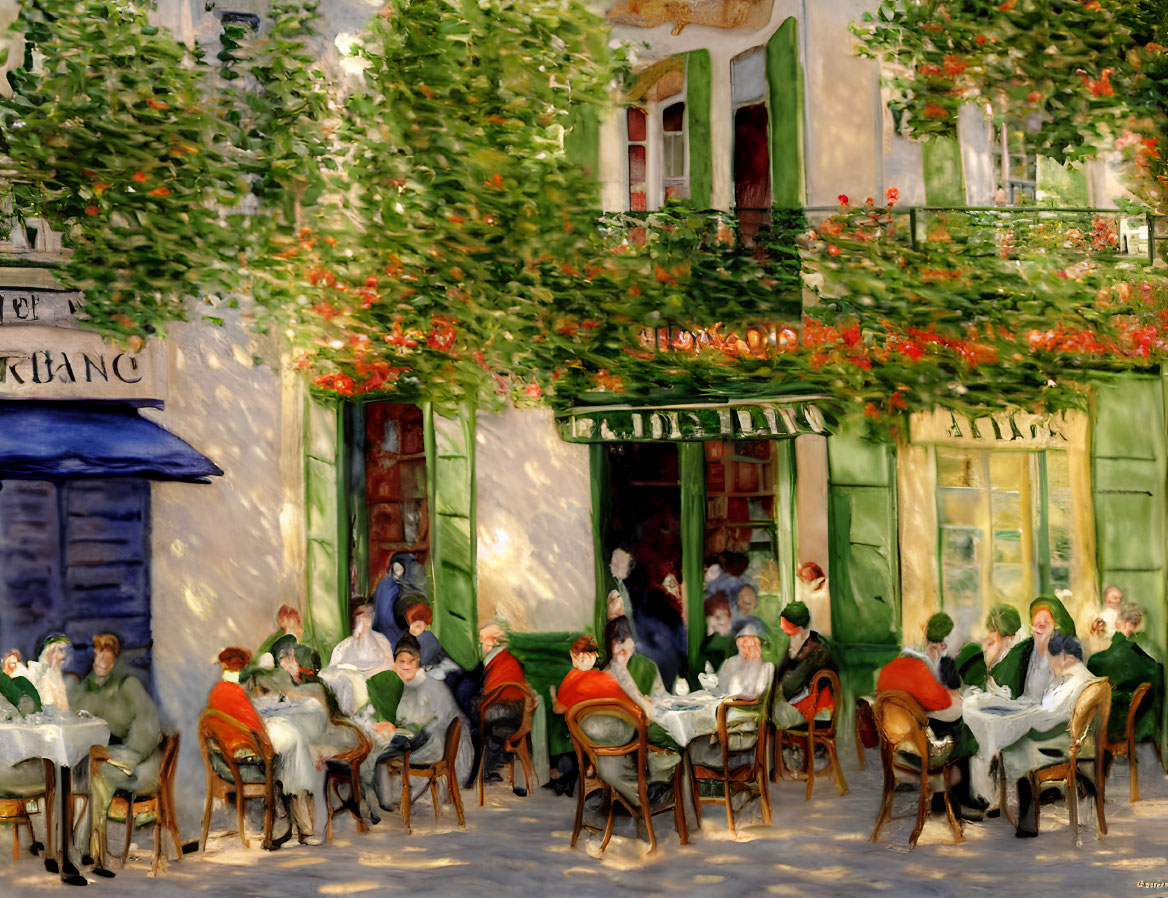Outdoor Café Scene with Patrons, Foliage, and Quaint Building