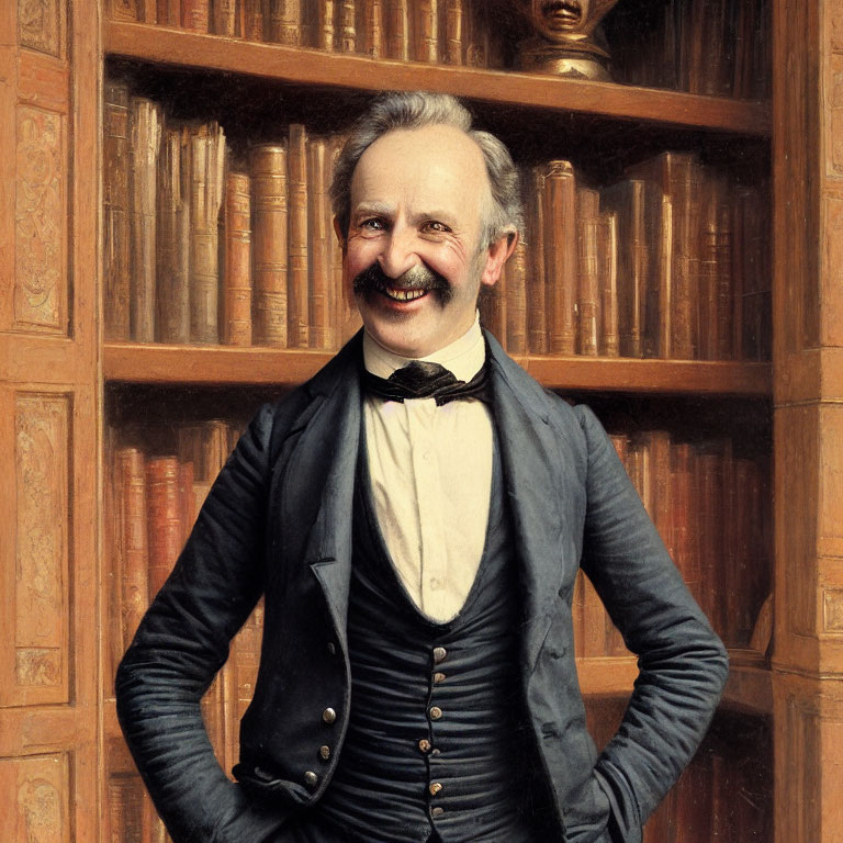 Smiling gentleman in black coat and bowtie by bookshelf