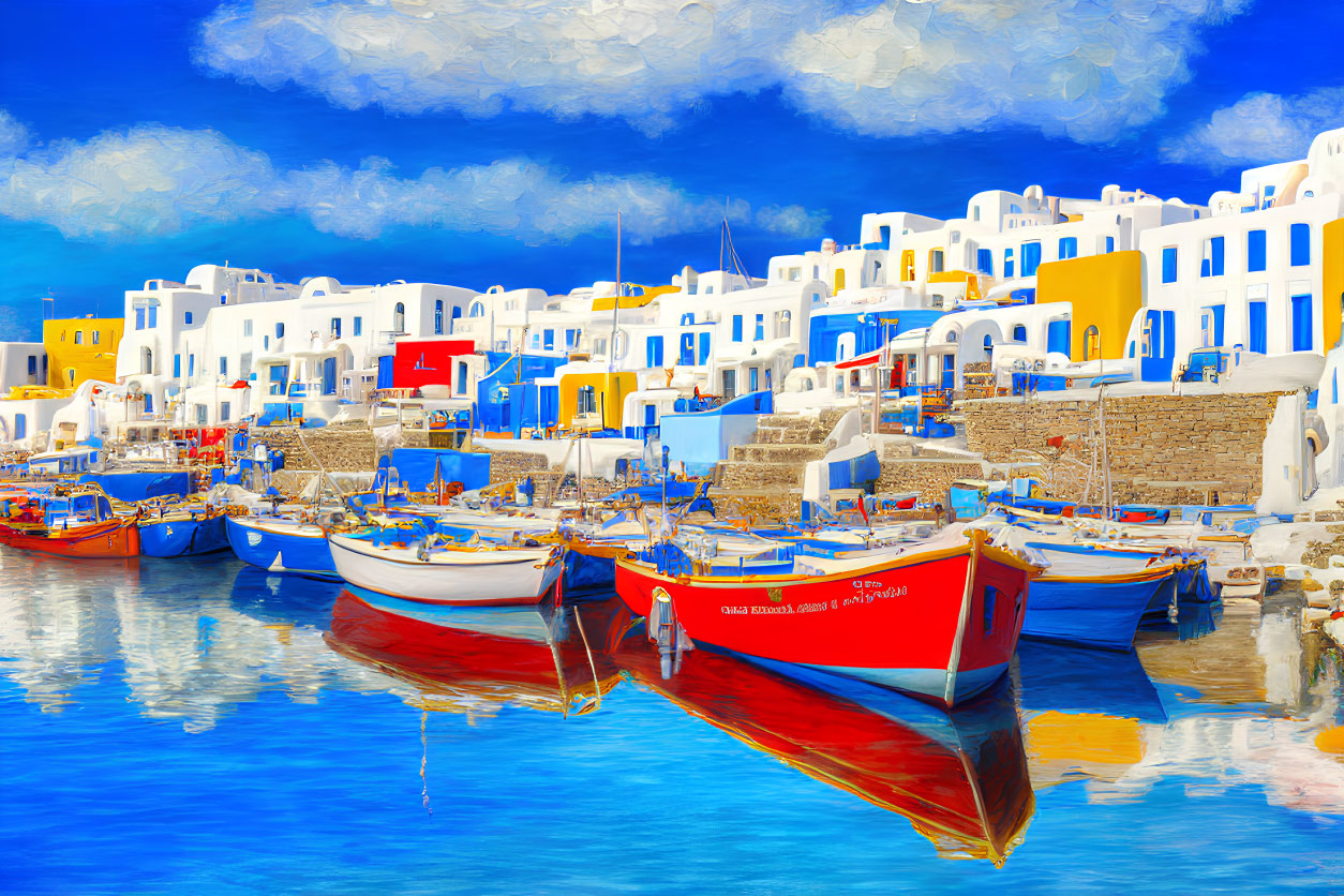 Vibrant boats in harbor with white buildings and blue accents
