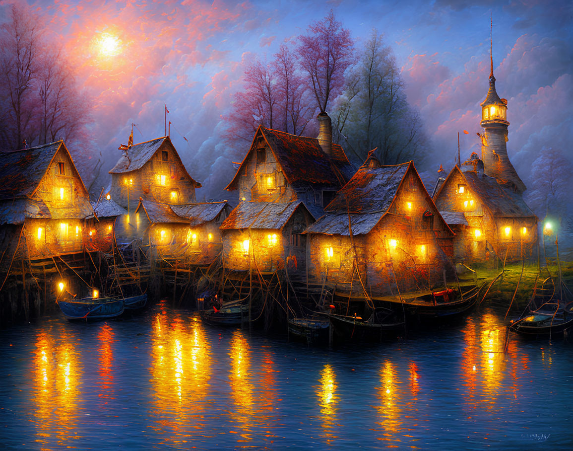 Scenic twilight village by water with lit cottages and lighthouse
