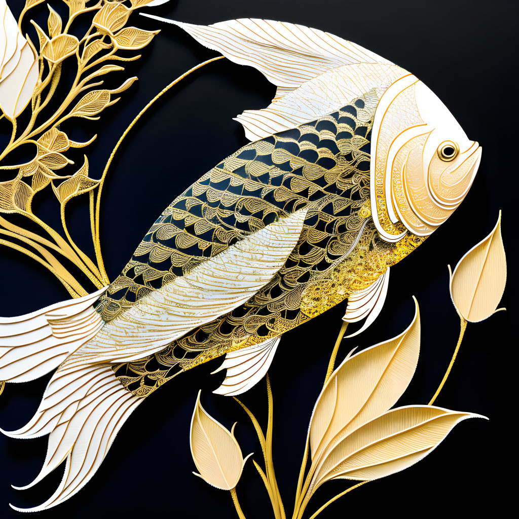 Intricate Golden Fish Illustration on Black Background