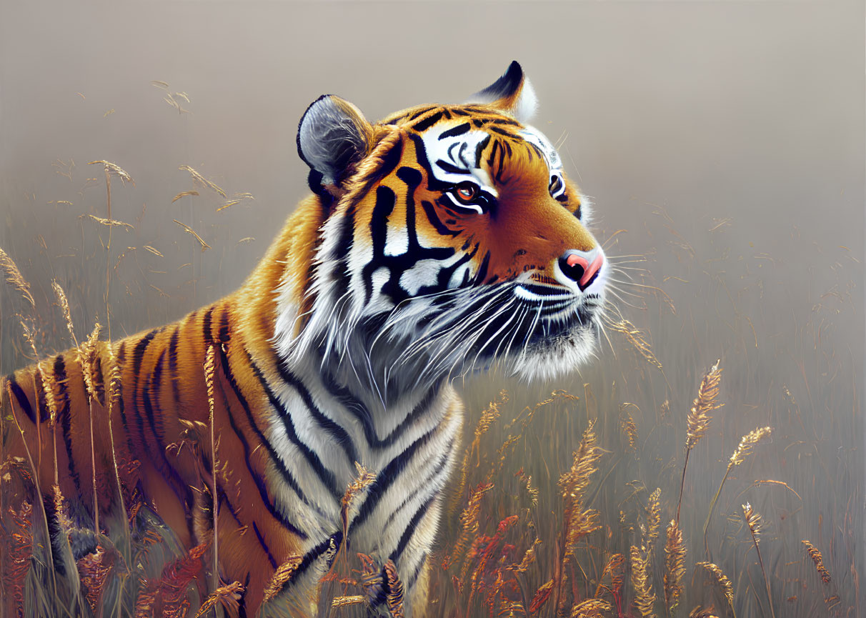 Majestic tiger in tall grass under hazy sky