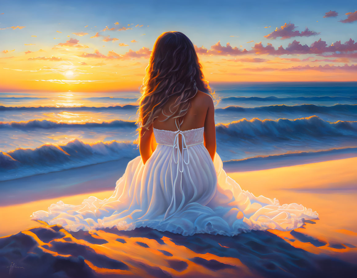 Woman in white dress on beach watching vivid sunset over ocean