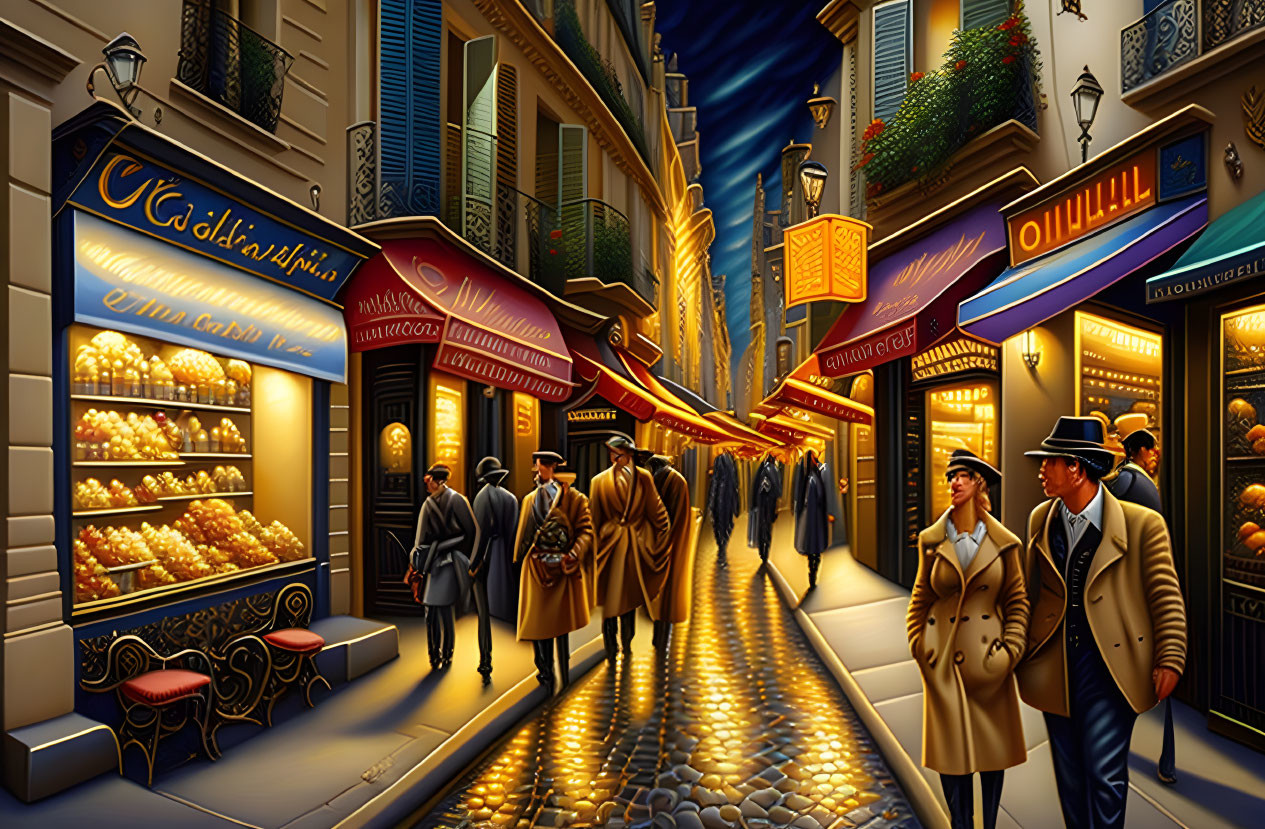 Illustrated evening street scene with shops, restaurants, and elegantly dressed pedestrians.
