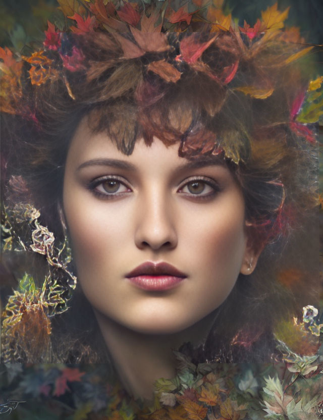 Portrait of a Woman with Autumn Leaf Crown and Serene Expression