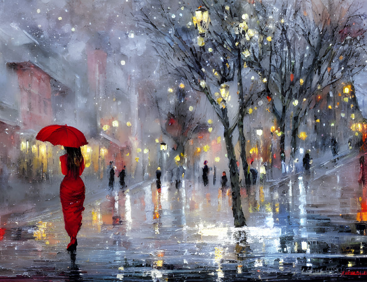 Person with red umbrella on wet city street with silhouettes, glowing streetlights, and bare trees