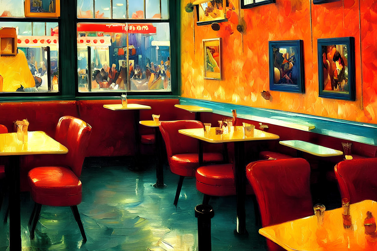 Colorful painting of empty diner with red chairs, tables, artwork, and street view