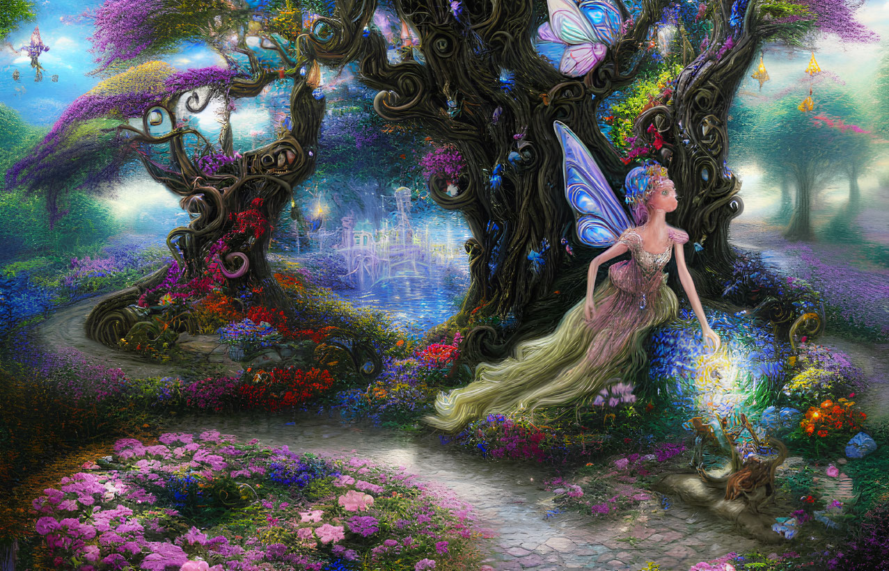 Radiant fairy in lush garden with whimsical lanterns