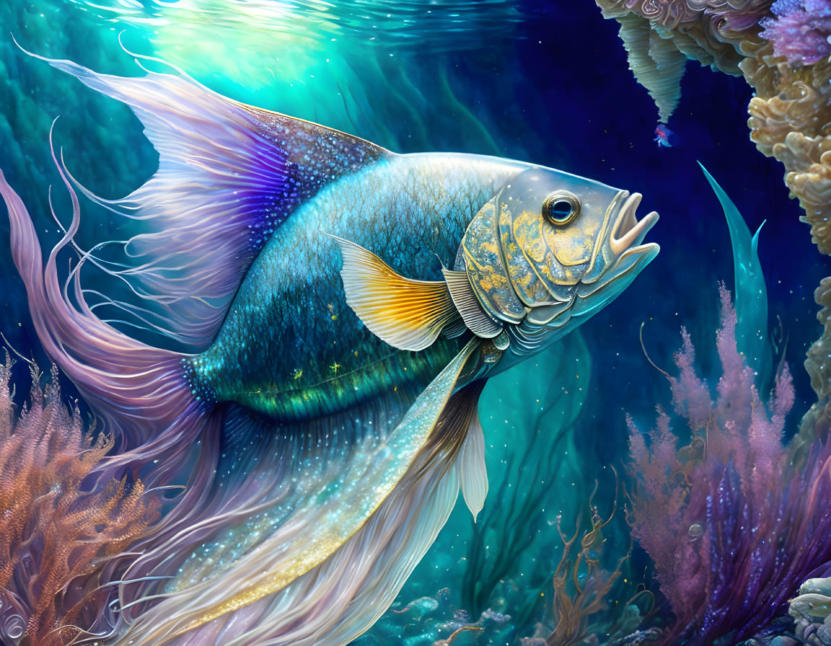 Colorful Digital Illustration of Vibrant Fish in Coral Landscape