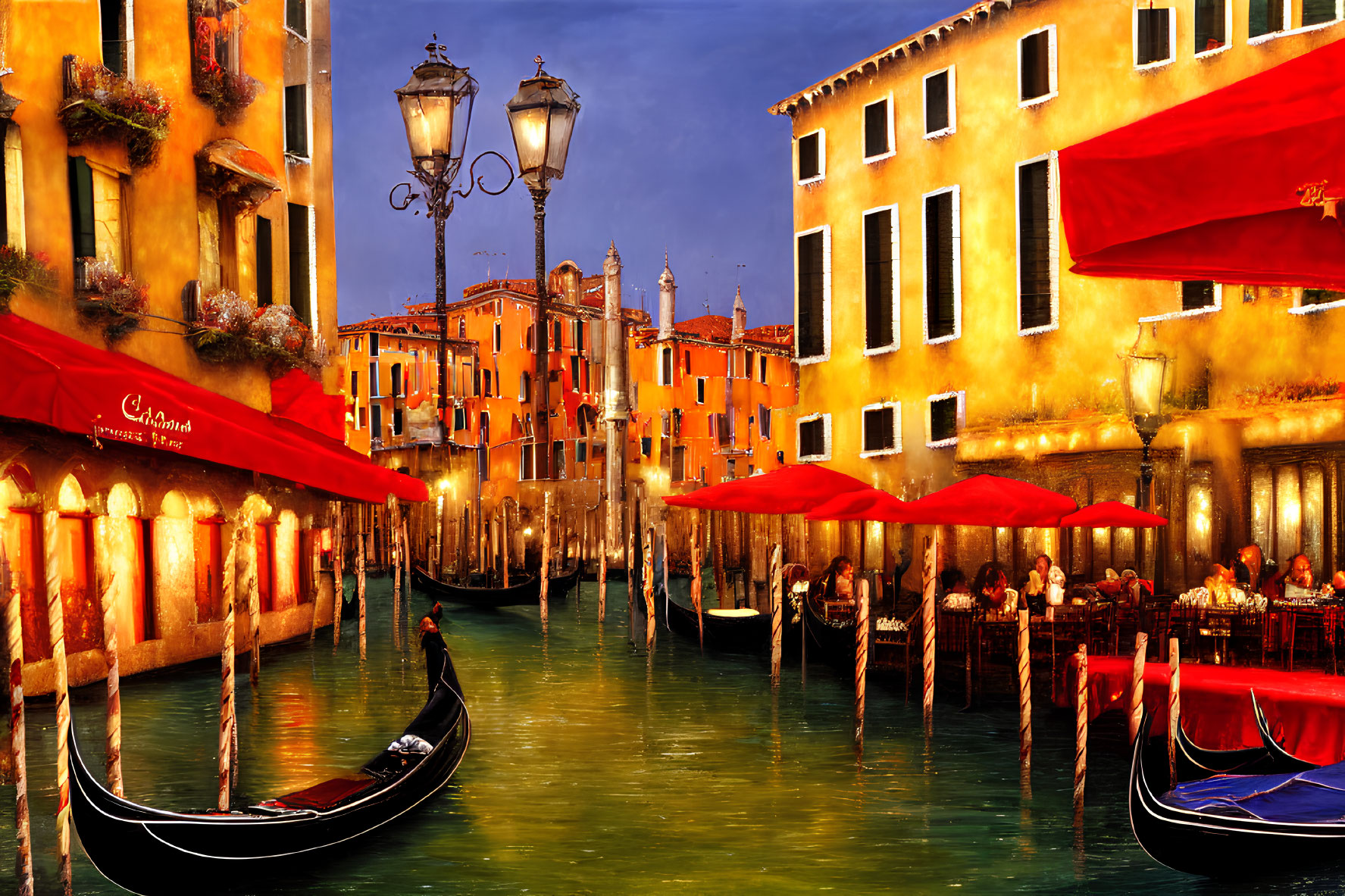 Vibrant Venice evening: gondolas, outdoor dining, illuminated buildings