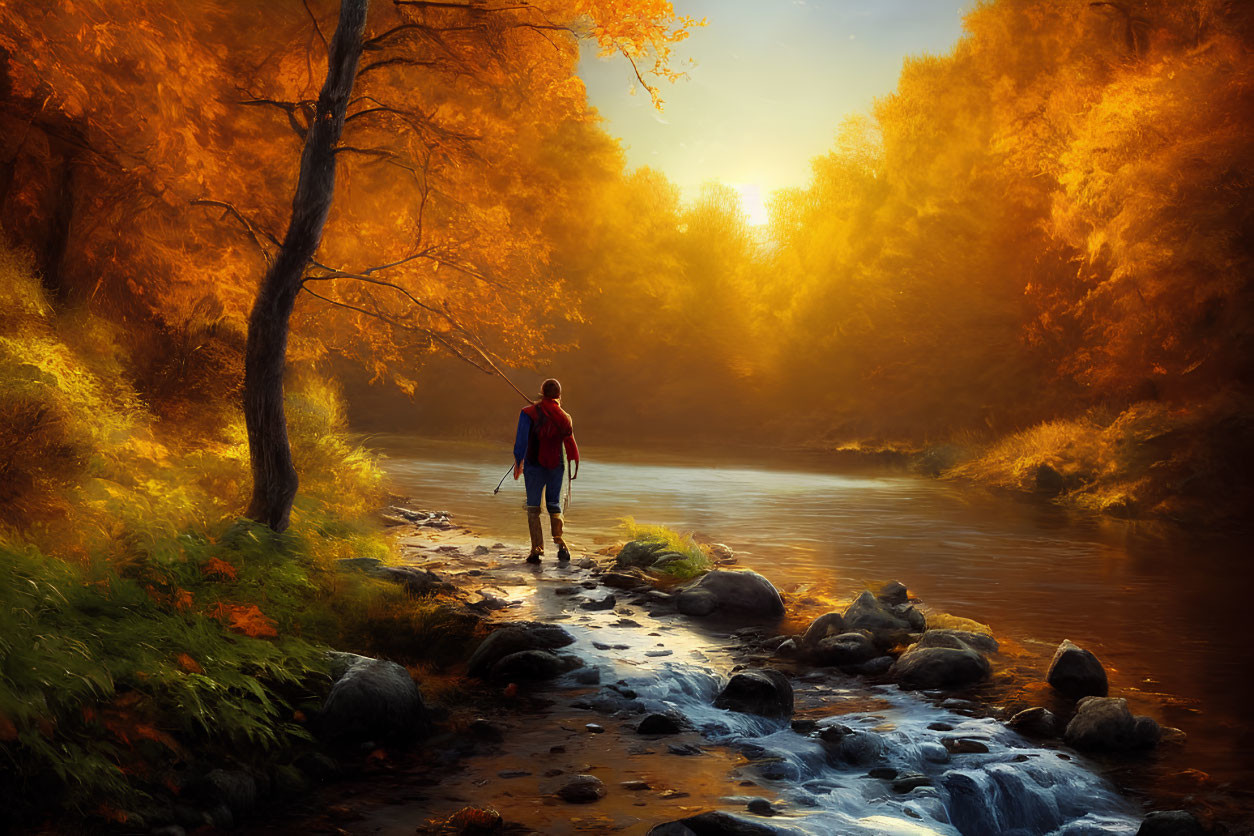 Hiker in Vibrant Autumn Foliage by River Stones