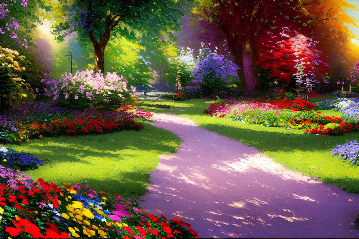 Colorful Flower Garden Path under Soft Glowing Light