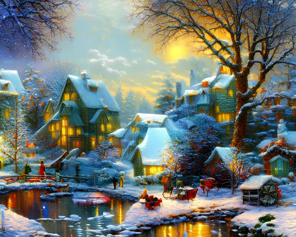 Snow-covered cottages, frozen pond, and glowing lights in winter village scene