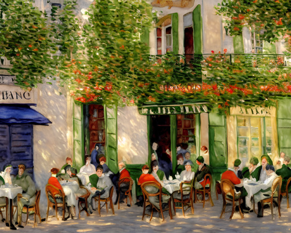 Outdoor Café Scene with Patrons, Foliage, and Quaint Building