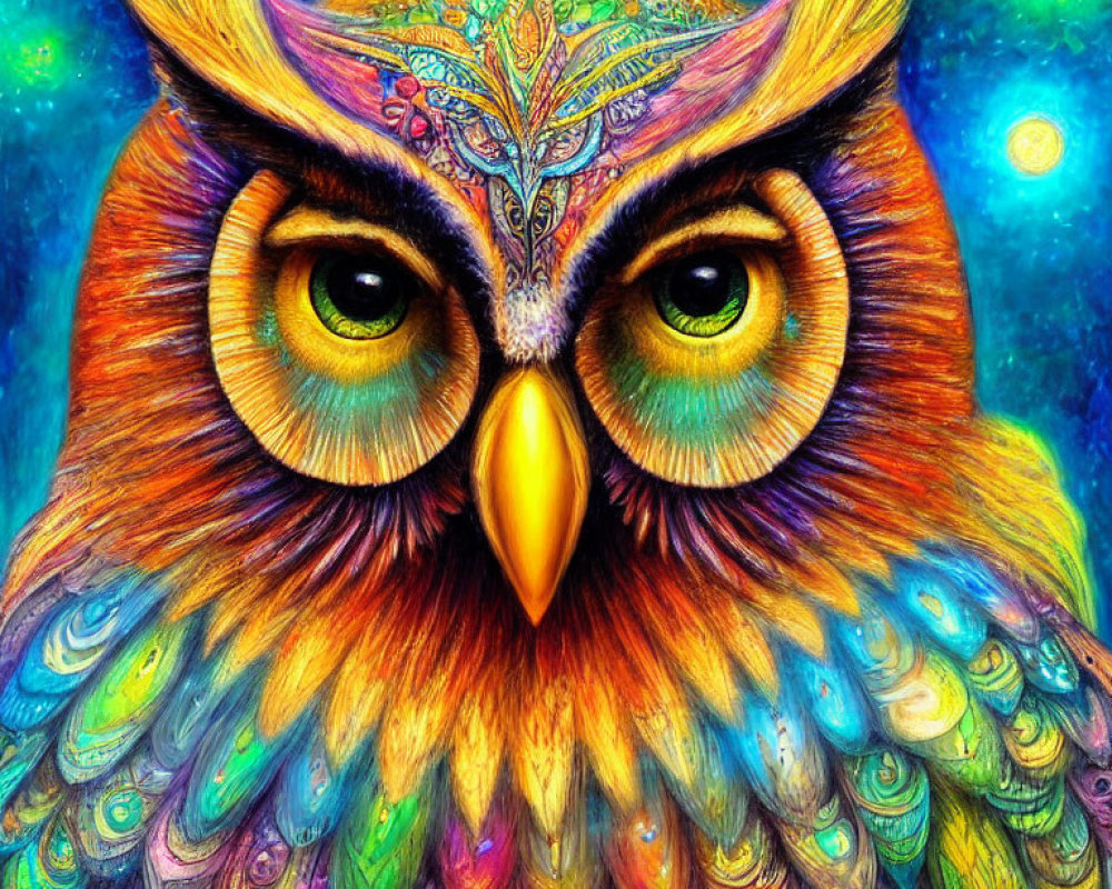 Colorful Owl Illustration with Vibrant Feathers and Yellow Eyes