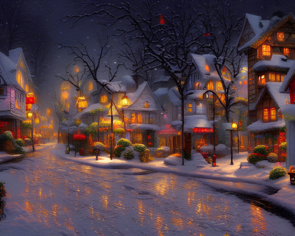 Snow-covered street with illuminated shops and houses at twilight