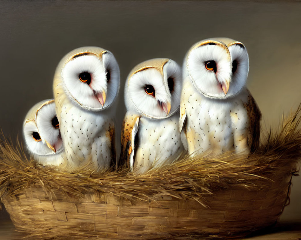 Four Barn Owls Perched Closely in Wicker Nest