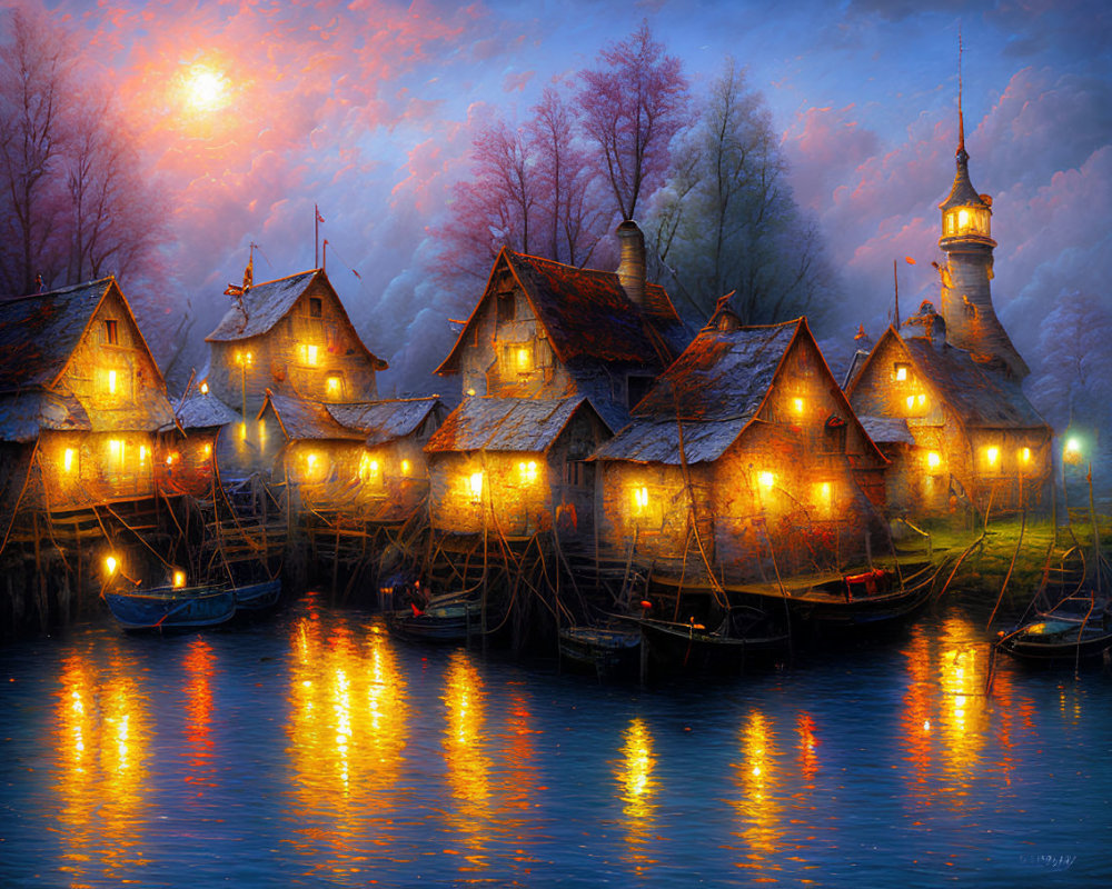 Scenic twilight village by water with lit cottages and lighthouse