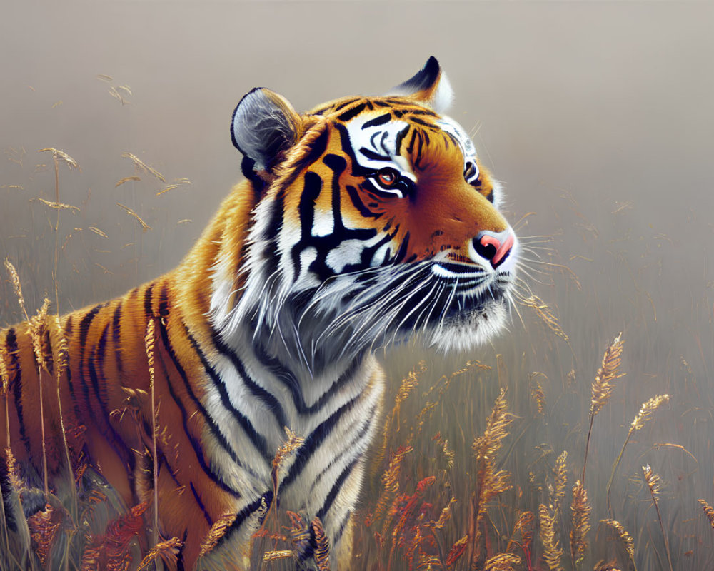 Majestic tiger in tall grass under hazy sky