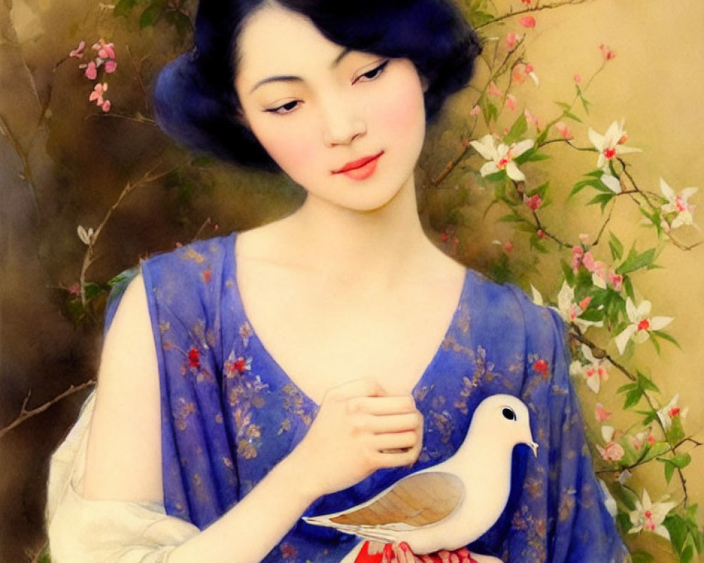 Woman with Bob Haircut Holding Dove in Blue Dress Amid Flowering Branches