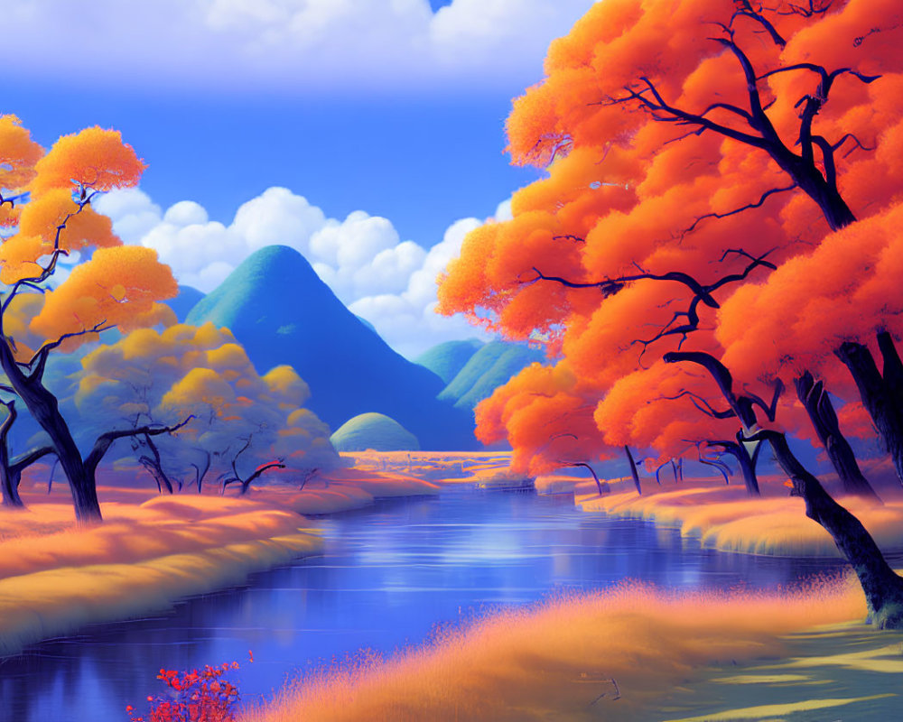 Digital Art: Vibrant River Scene with Orange Trees