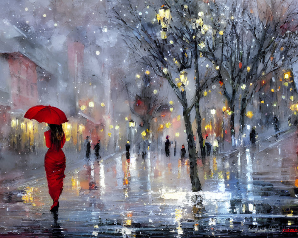 Person with red umbrella on wet city street with silhouettes, glowing streetlights, and bare trees