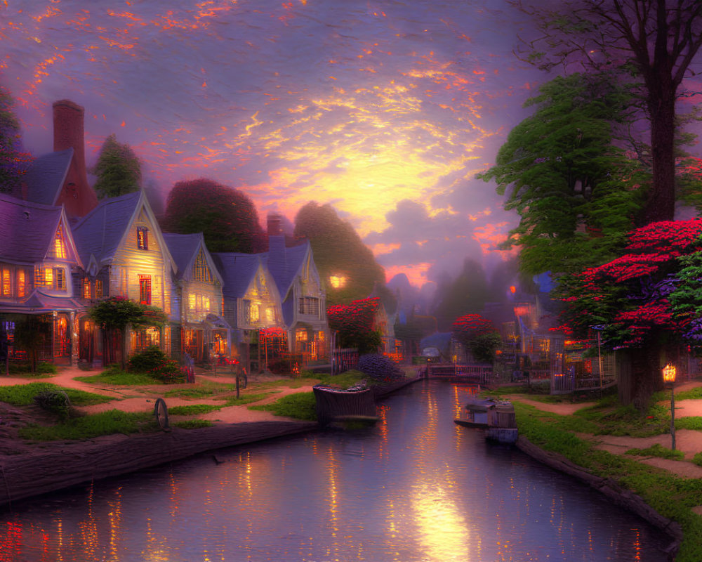 Tranquil digital artwork of village houses by canal at sunset