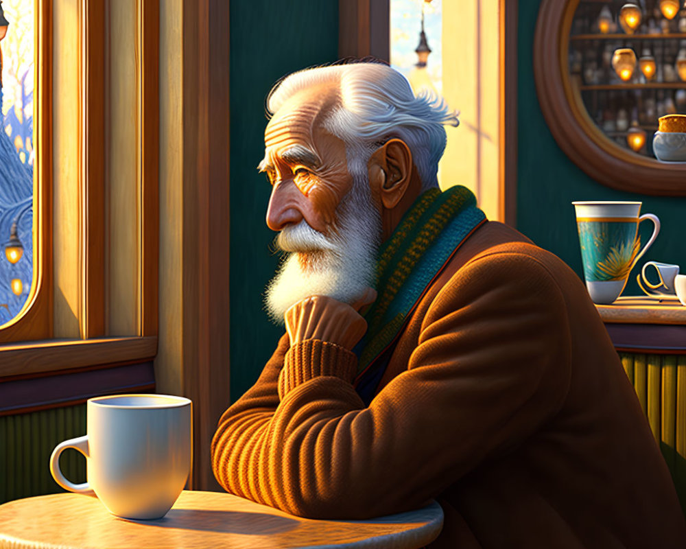 Elderly man with white beard in warmly lit cafe, gazing out window with coffee cup