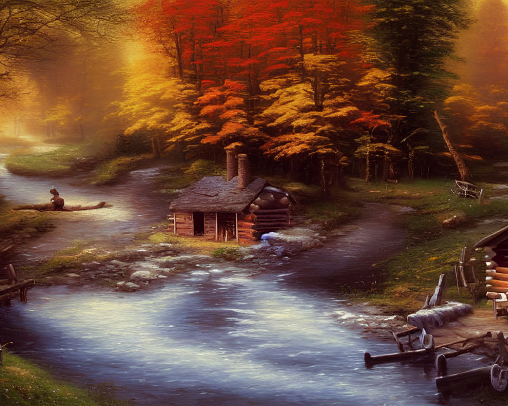 Tranquil autumn landscape with log cabin, stream, colorful trees, and fishing person