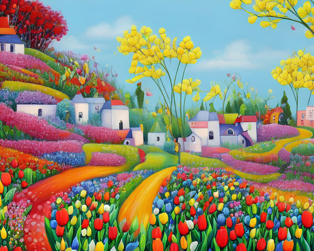 Colorful Landscape with Whimsical Houses and Blooming Flowers
