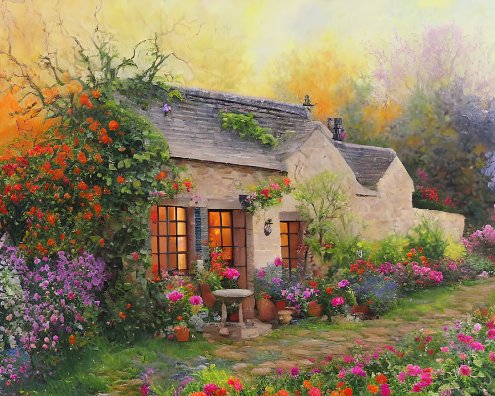 Cozy cottage in colorful garden at sunset
