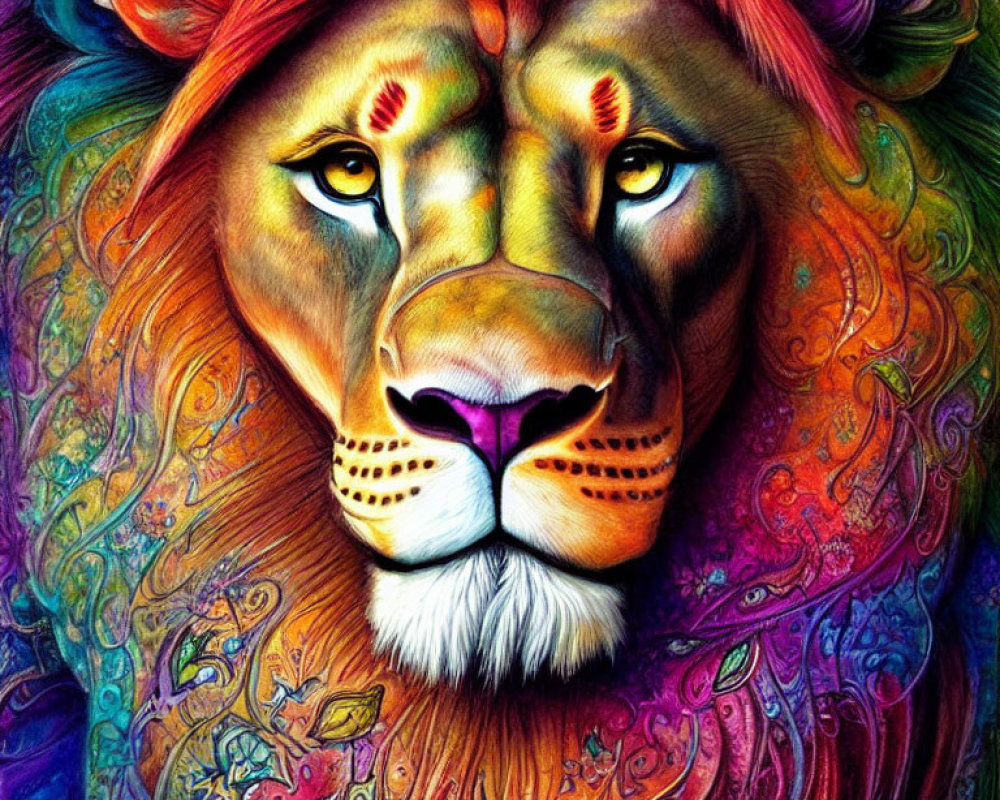 Colorful Lion Face Illustration with Swirling Spectrum of Hues