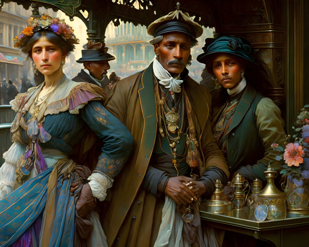 Victorian-era scene with two women and a man in front of ornate shop