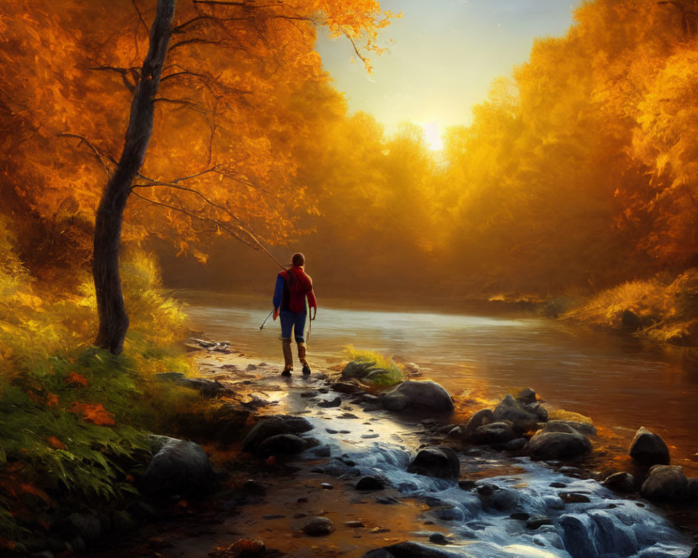 Hiker in Vibrant Autumn Foliage by River Stones