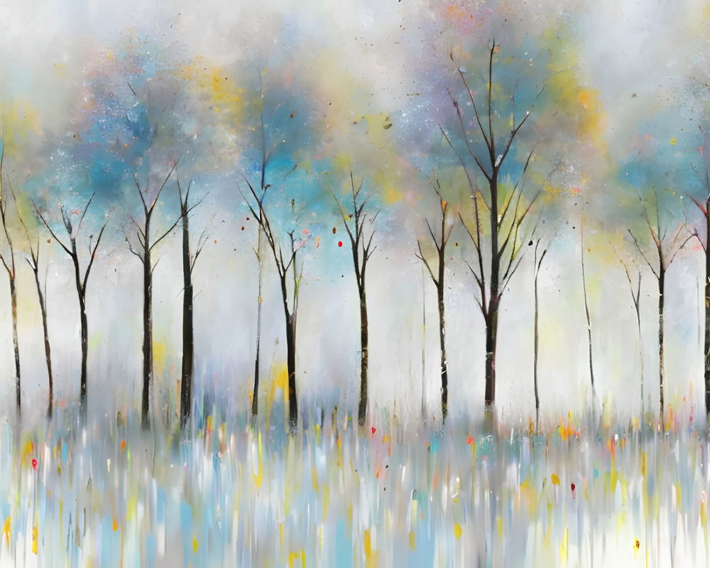 Abstract painting of dreamy forest with bare trees and colorful splotches for leaves and flowers in soft