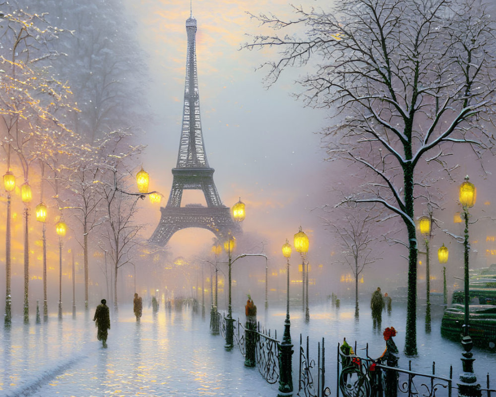 Snowy Eiffel Tower scene with lit street lamps and strolling people