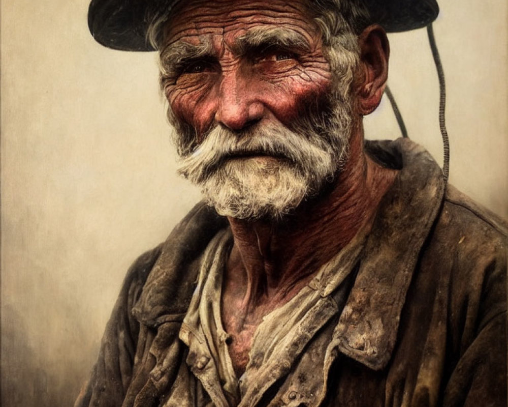 Weathered-faced elderly man in hat and worn clothes looks pensive