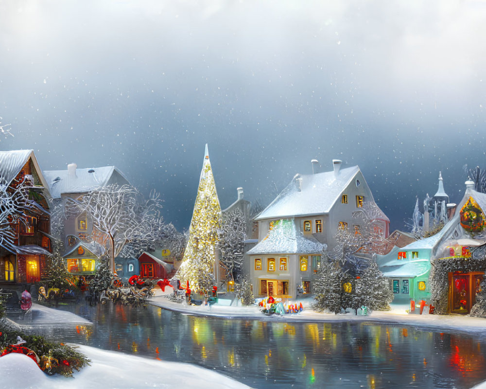Snow-covered winter village with Christmas tree & residents in snowfall