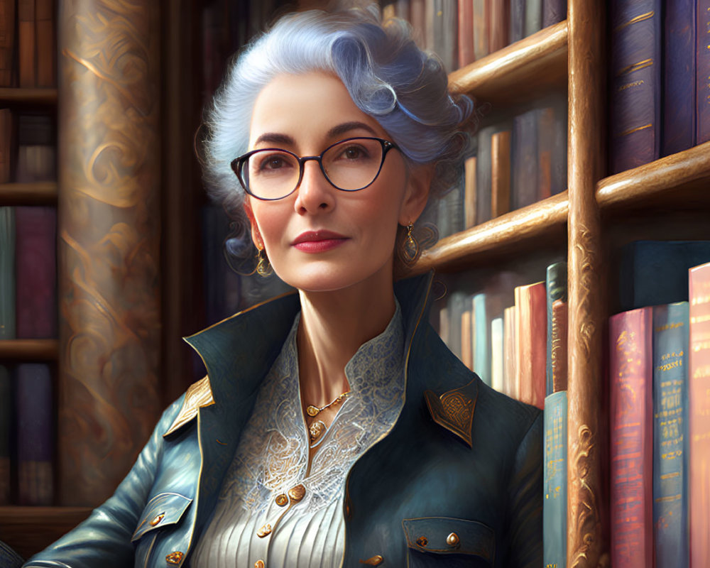 Elderly Woman with Blue Hair and Glasses in Teal Jacket by Bookshelf