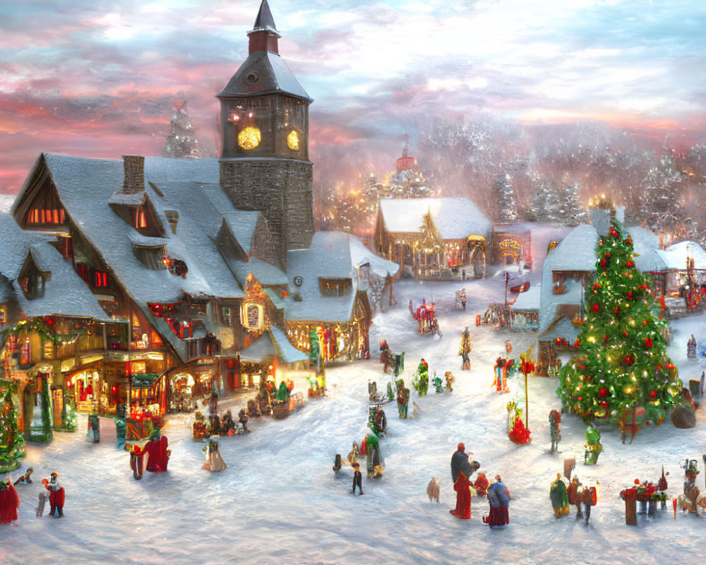 Christmas Market Village Scene with Snow-Covered Buildings and Glowing Lights