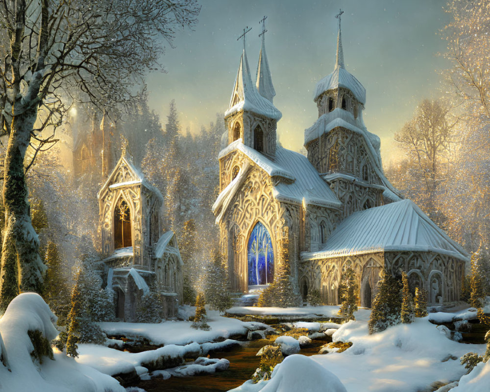 Snow-covered Gothic church in serene winter landscape.