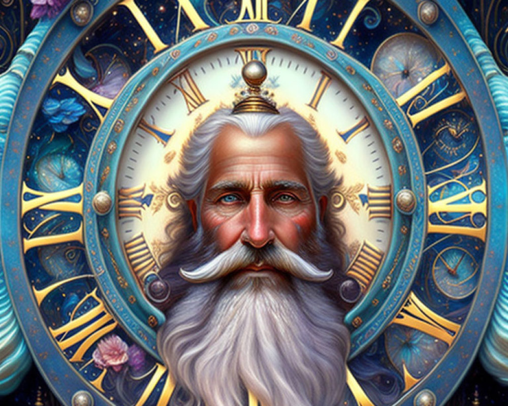 Detailed surreal digital art: Bearded man's face with clock, astronomical and floral motifs